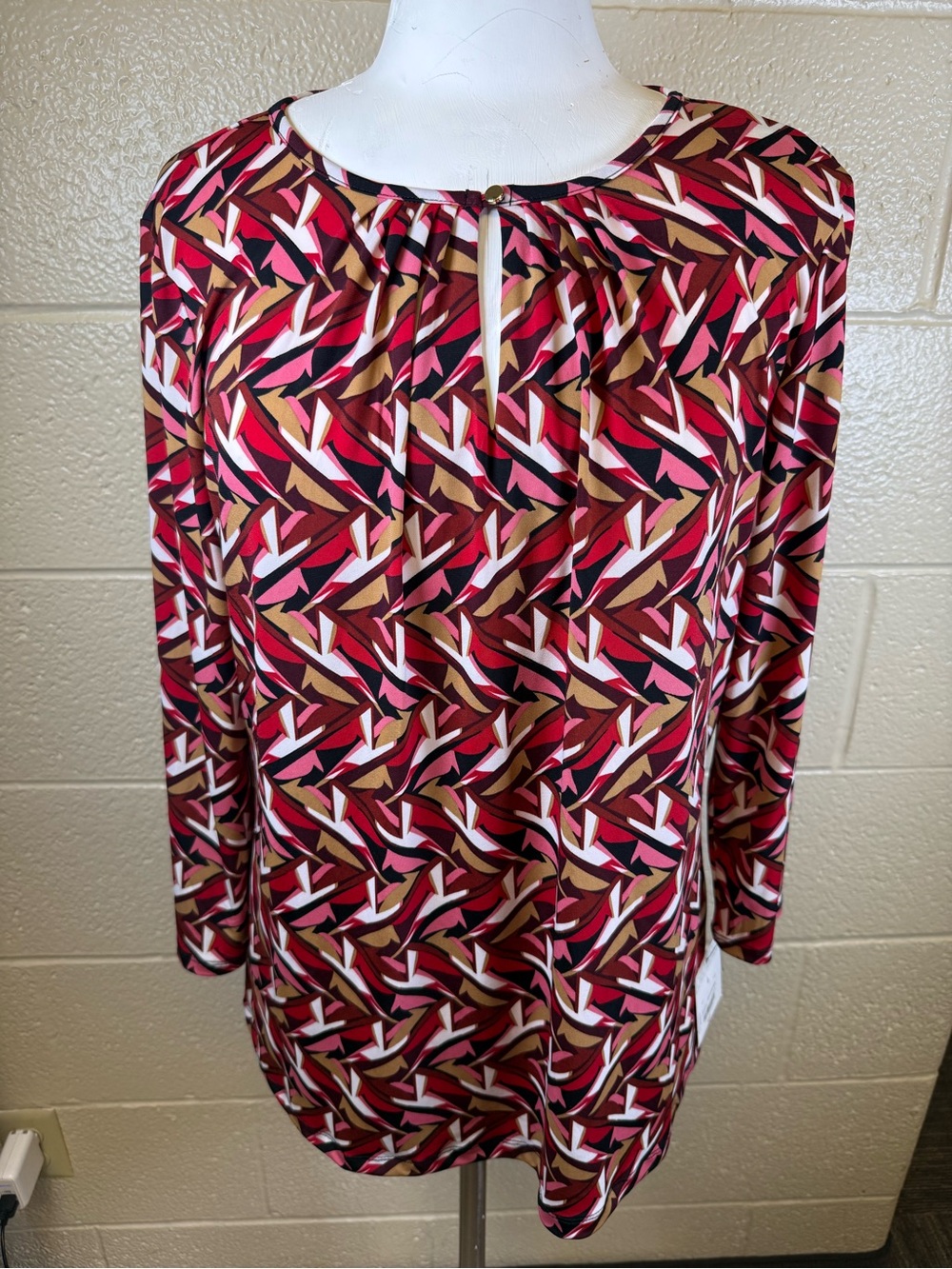 Liz Claiborne Long-Sleeve Geometric Keyhole Blouse — Red, Brown, Pink